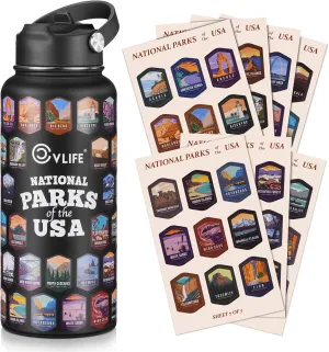 CVLIFE National Park Water Bottle with 63 Waterproof Park Stickers, 32 Ounces Leakproof Insulated Water Bottle, 304 Stainless Steel, for Hikers (Black)