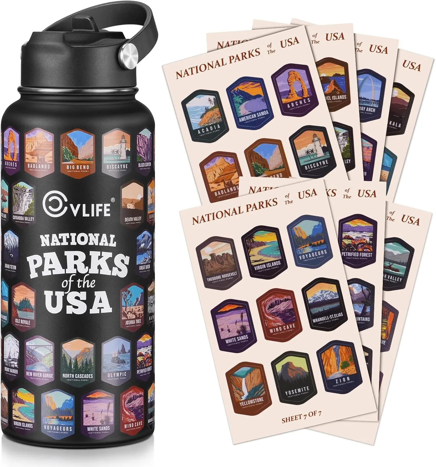 CVLIFE National Park Water Bottle with 63 Waterproof Park Stickers, 32 Ounces Leakproof Insulated Water Bottle, 304 Stainless Steel, for Hikers (Black)