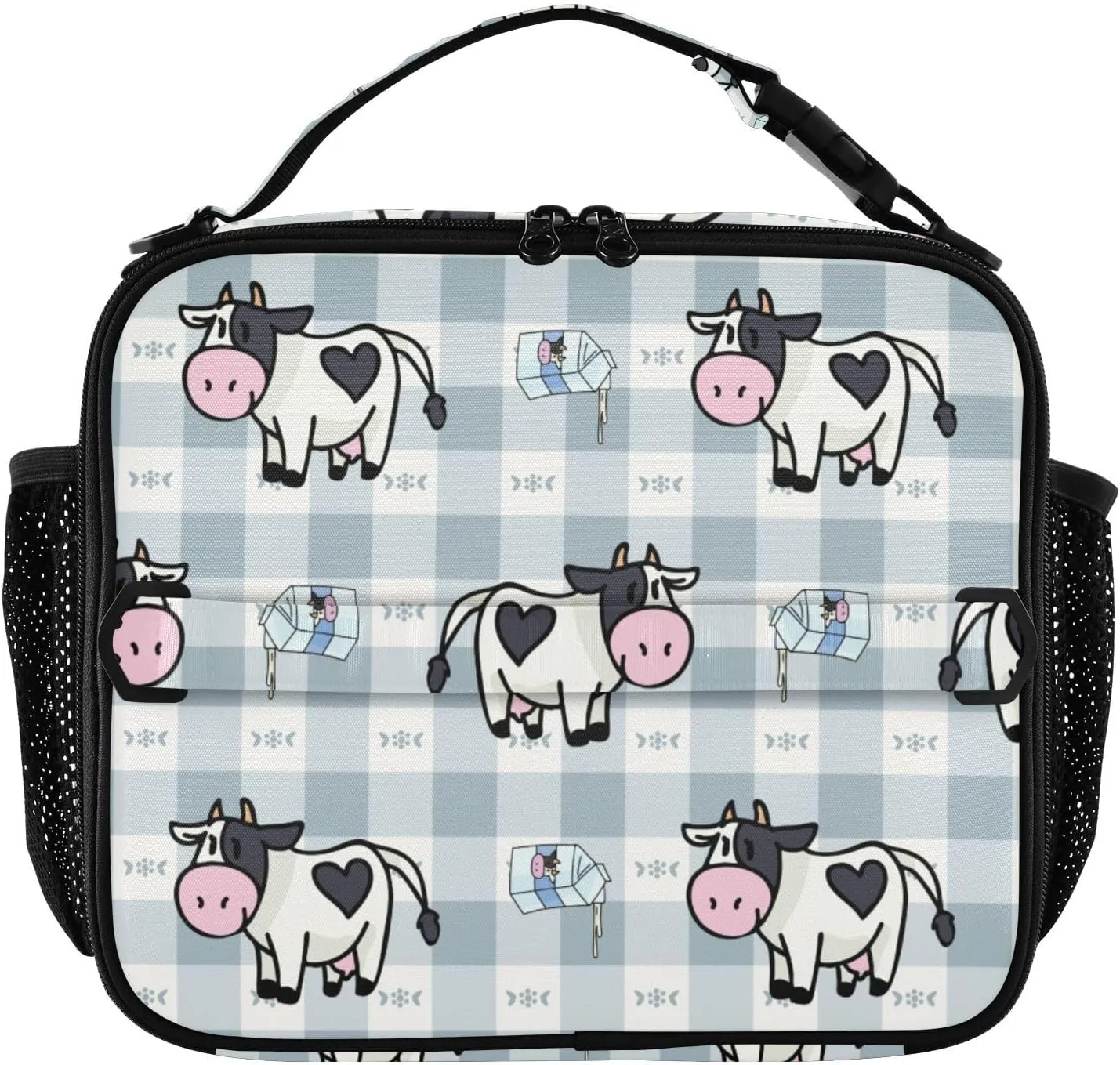 Dairy Cute Cow Lunch Box Pouring Milk Carton Plaid Meal Tote Kids Lunch Bag Insulated Reusable Cooler Soft Shoulder Bag Mini Cooling Back to School