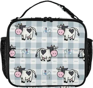Dairy Cute Cow Lunch Box Pouring Milk Carton Plaid Meal Tote Kids Lunch Bag Insulated Reusable Cooler Soft Shoulder Bag Mini Cooling Back to School