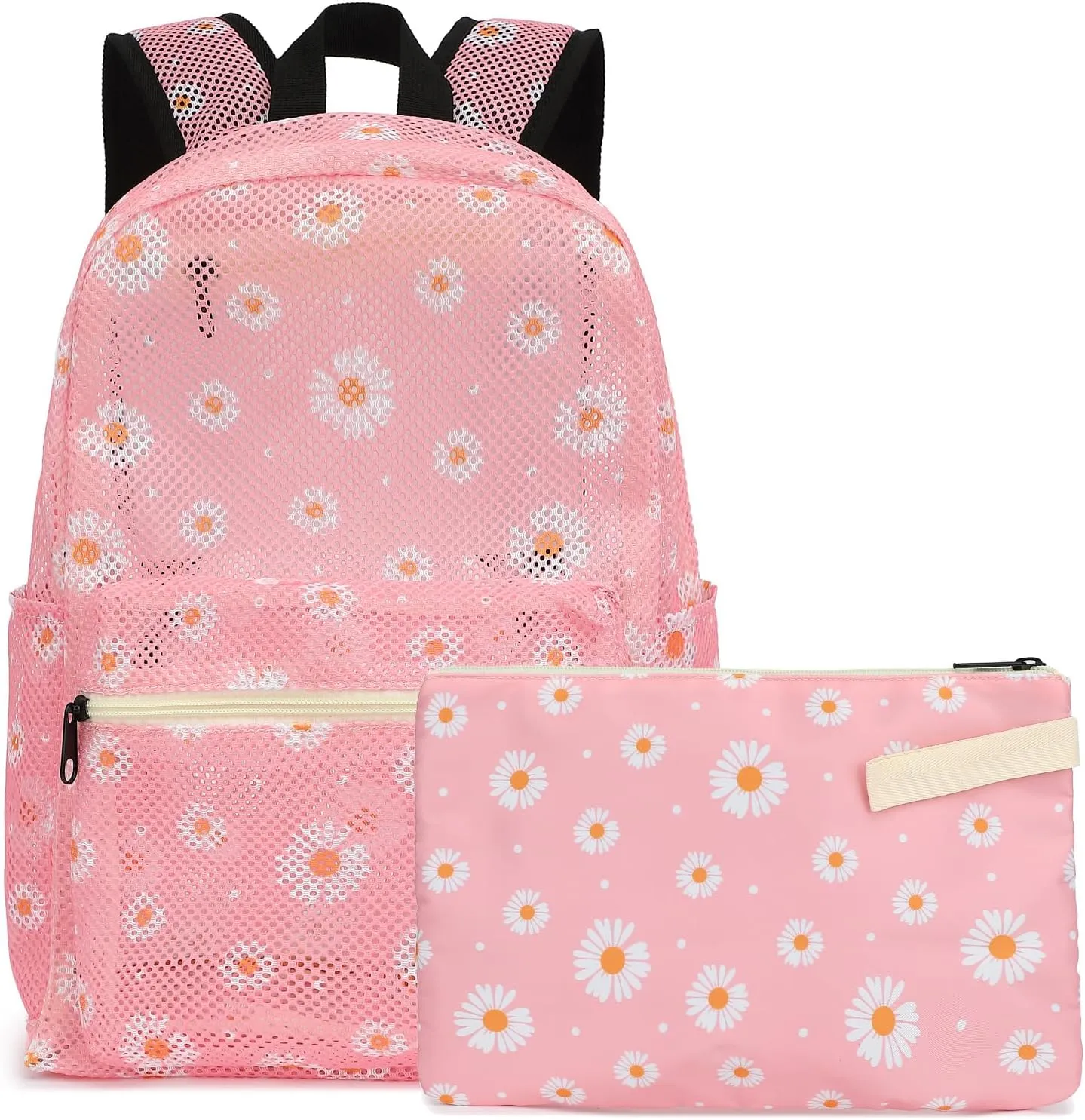 Daisy Mesh Backpack for Girls Women, See Through Casual School College Student Bookbag (Pink)
