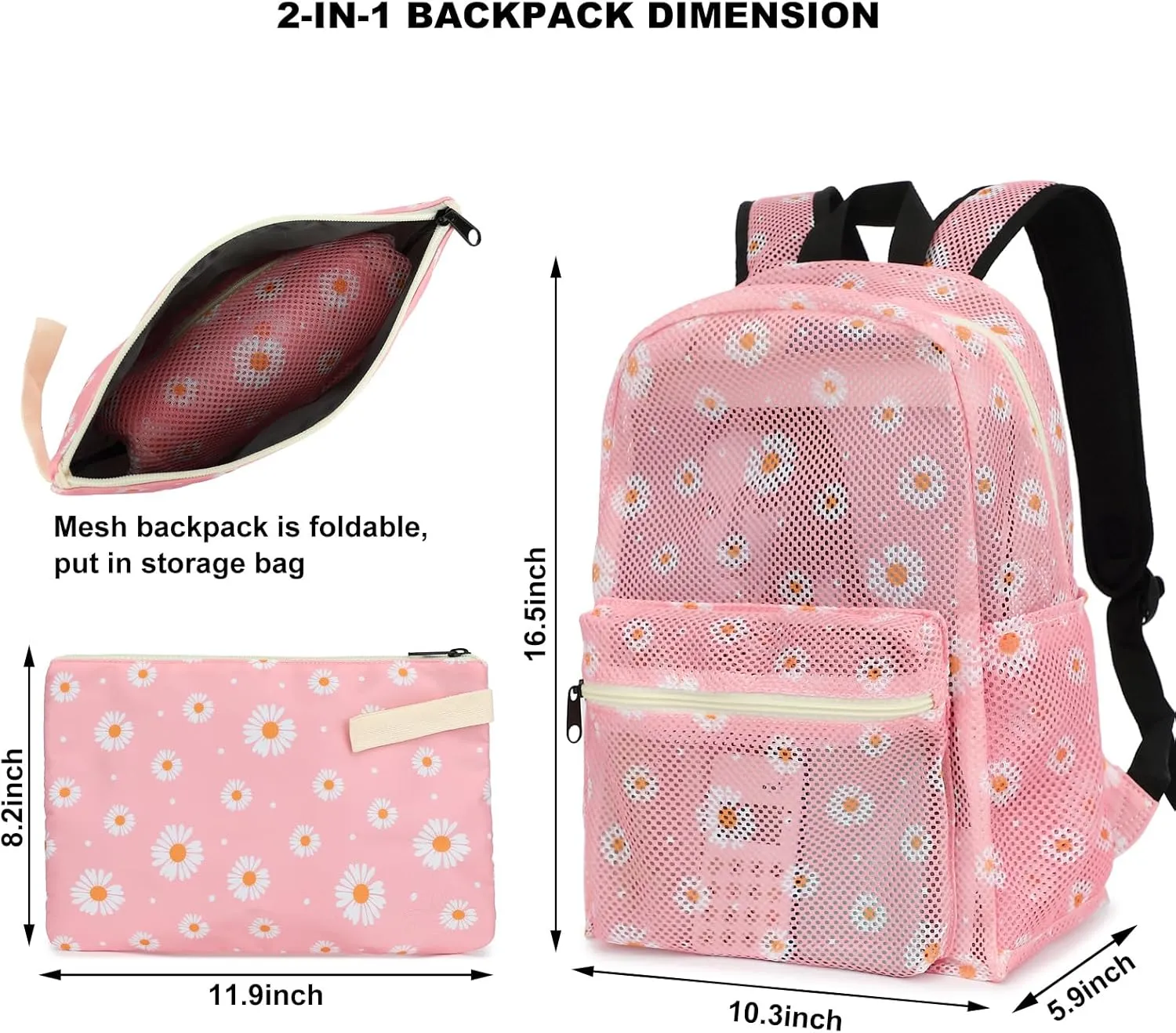 Daisy Mesh Backpack for Girls Women, See Through Casual School College Student Bookbag (Pink)