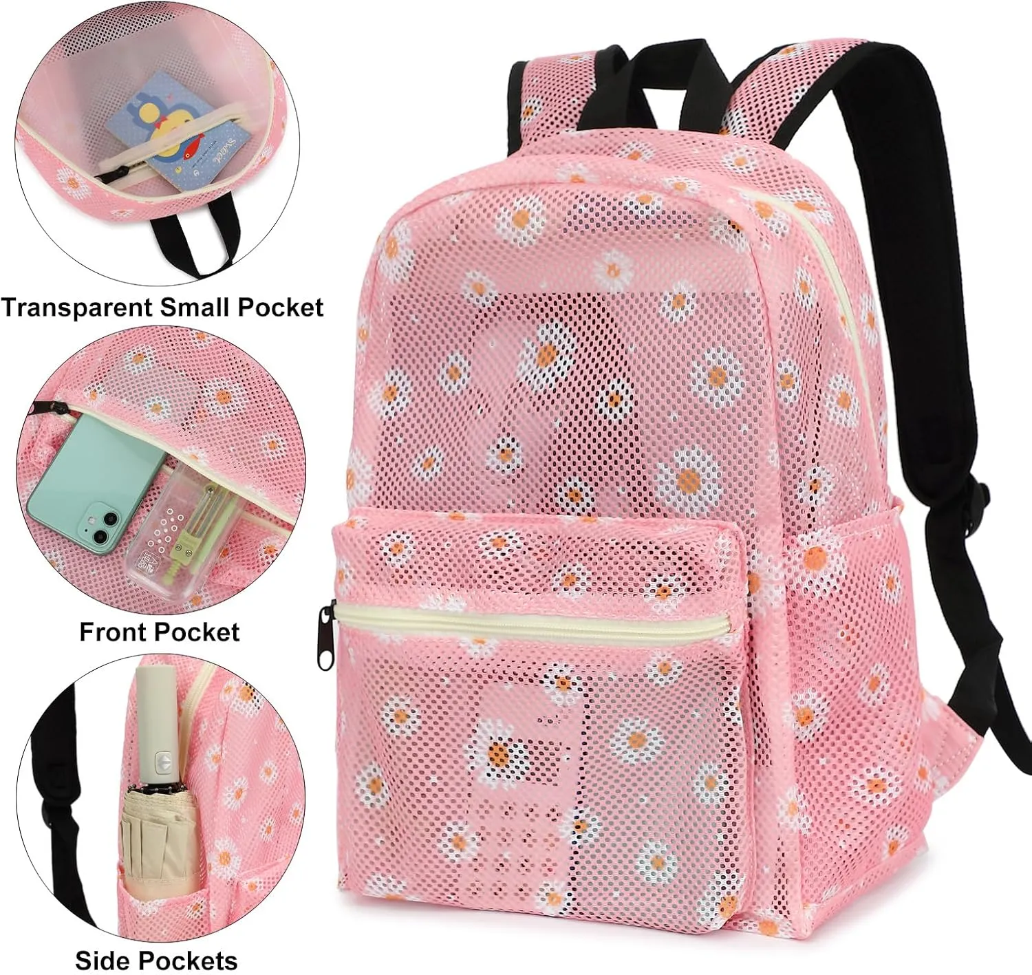 Daisy Mesh Backpack for Girls Women, See Through Casual School College Student Bookbag (Pink)
