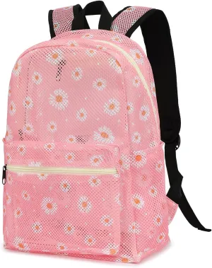 Daisy Mesh Backpack for Girls Women, See Through Casual School College Student Bookbag (Pink)