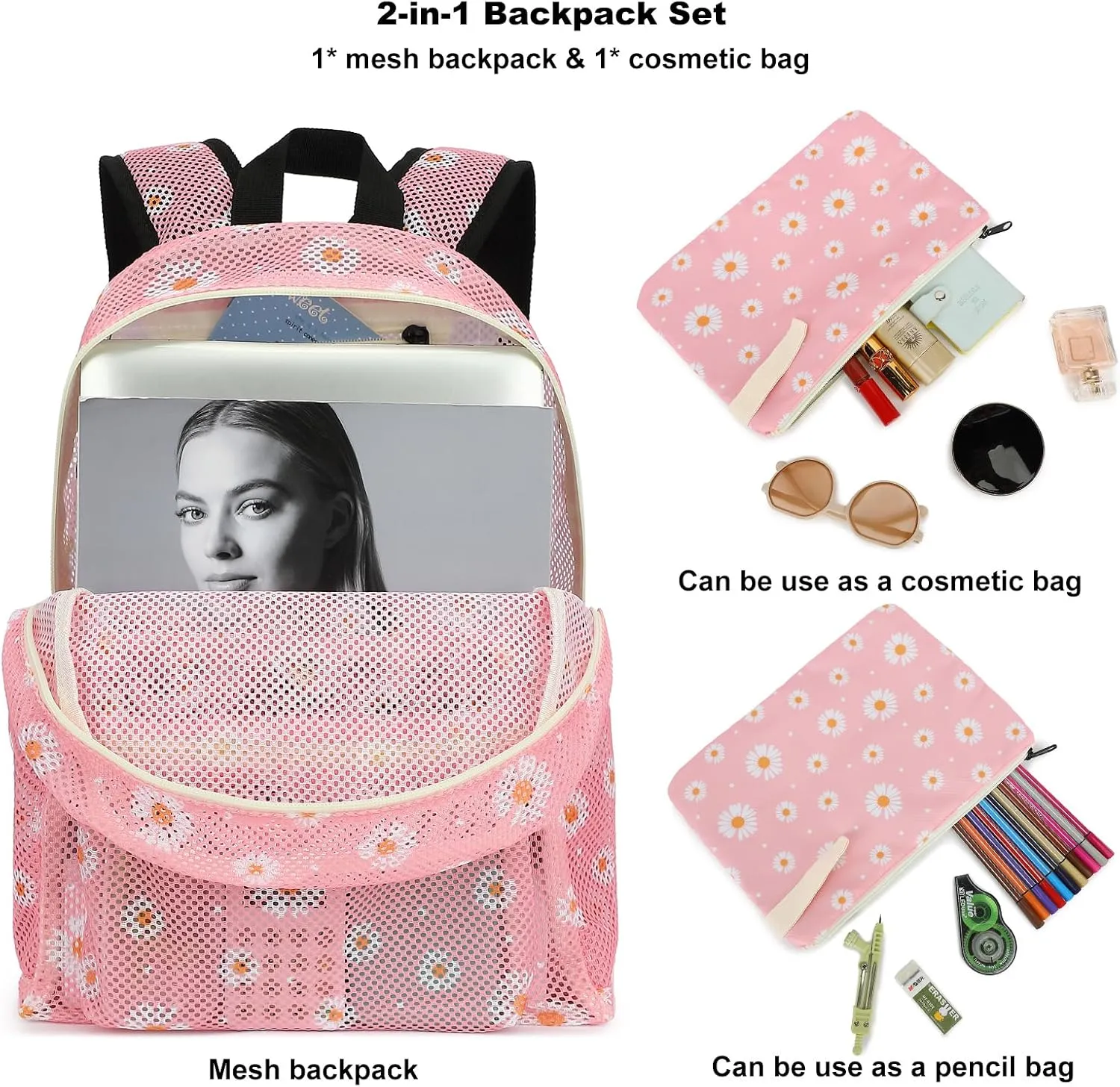 Daisy Mesh Backpack for Girls Women, See Through Casual School College Student Bookbag (Pink)