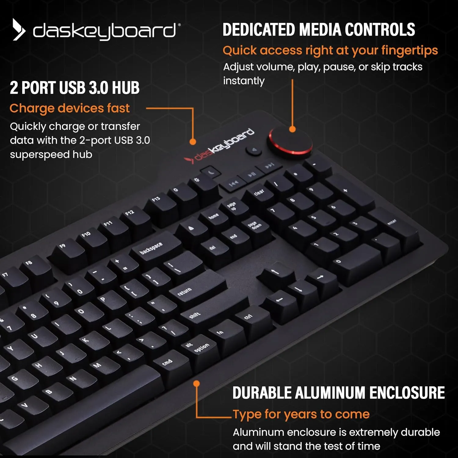 Das Keyboard 4 Professional for Mac Wired Mechanical Keyboard, Cherry MX Blue Mechanical Switches, 2-Port USB 3.0 Hub, Volume Knob, Aluminum Top (104 Keys, Black)