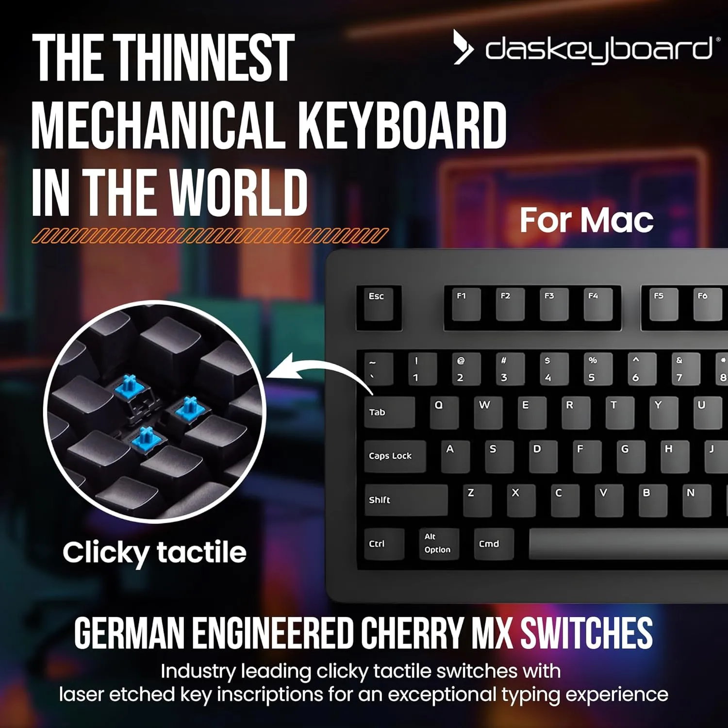 Das Keyboard 4 Professional for Mac Wired Mechanical Keyboard, Cherry MX Blue Mechanical Switches, 2-Port USB 3.0 Hub, Volume Knob, Aluminum Top (104 Keys, Black)