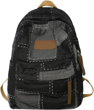 Denims Patched Backpack Large Capacity Casual Daypacks Student School Bag Retro Aesthetic Backpack Travel Bag for Teens