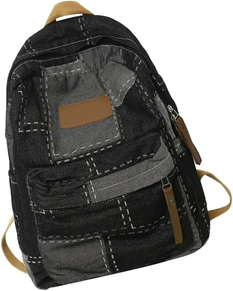 Denims Patched Backpack Large Capacity Casual Daypacks Student School Bag Retro Aesthetic Backpack Travel Bag for Teens
