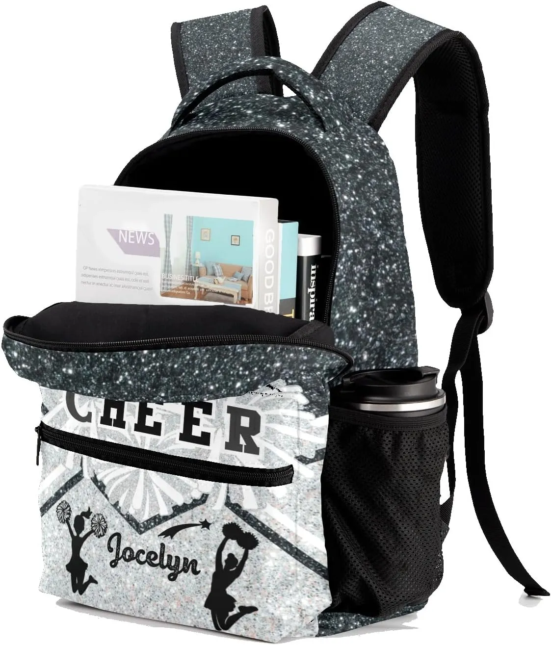 Deven Cheerleader Cheer Gym White Sliver Personalized Kids for Boy/Girl Teen Primary School Daypack Travel Bag Bookbag