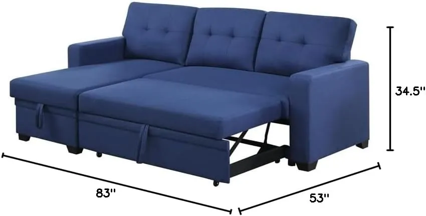 Devion Furniture L-Shaped Polyester Fabric Reversible, Easy Convertible Pull-Out Sleeper Sectional Sofa/Storage Chaise with Tufted Back Cushions and Track Arms in Blue