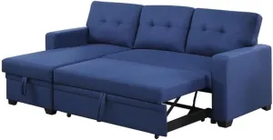 Devion Furniture L-Shaped Polyester Fabric Reversible, Easy Convertible Pull-Out Sleeper Sectional Sofa/Storage Chaise with Tufted Back Cushions and Track Arms in Blue