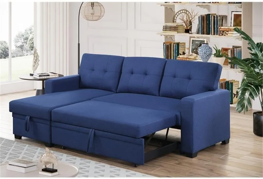 Devion Furniture L-Shaped Polyester Fabric Reversible, Easy Convertible Pull-Out Sleeper Sectional Sofa/Storage Chaise with Tufted Back Cushions and Track Arms in Blue