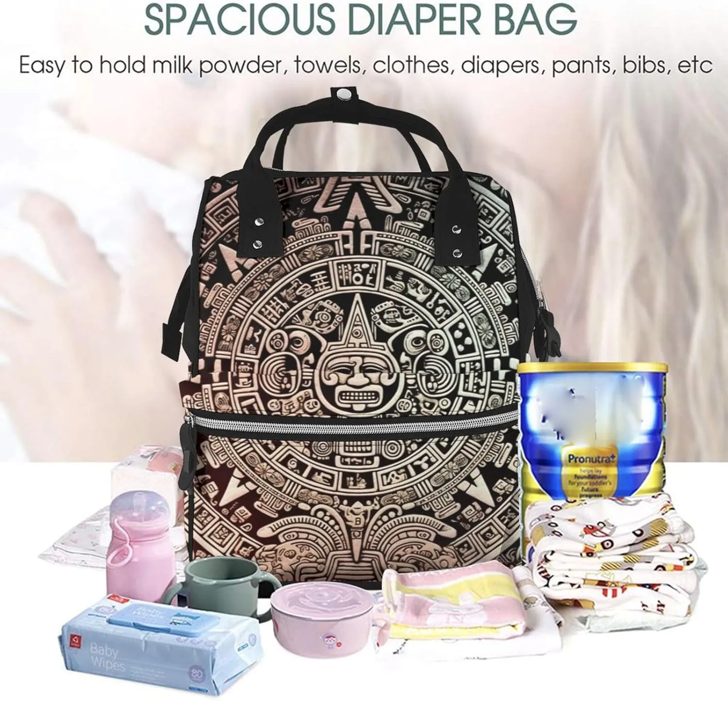 Diaper Bag Nappy Backpack Baby Bag Black and white skulls Mummy Backpack Multifunction Changing Bags for Travel, Mayan Calendar End of the World, One Size