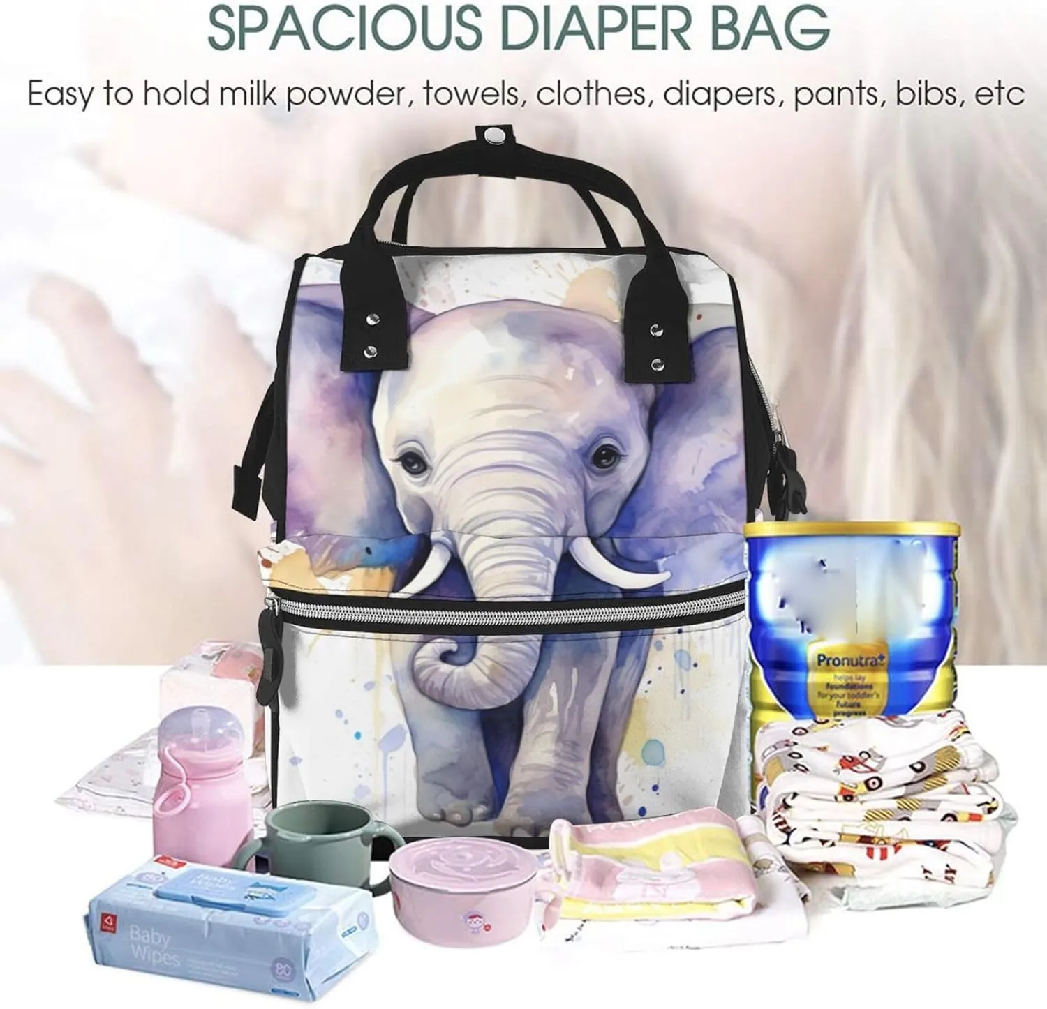 Diaper Bag Nappy Backpack Baby Bag Black and white tiger Mummy Backpack Multifunction Changing Bags for Travel, Cute Baby Elephant Watercolor, One Size