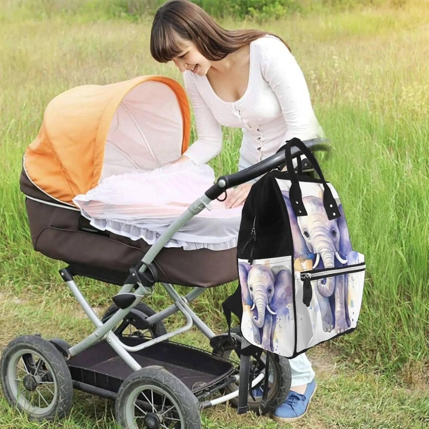 Diaper Bag Nappy Backpack Baby Bag Black and white tiger Mummy Backpack Multifunction Changing Bags for Travel, Cute Baby Elephant Watercolor, One Size