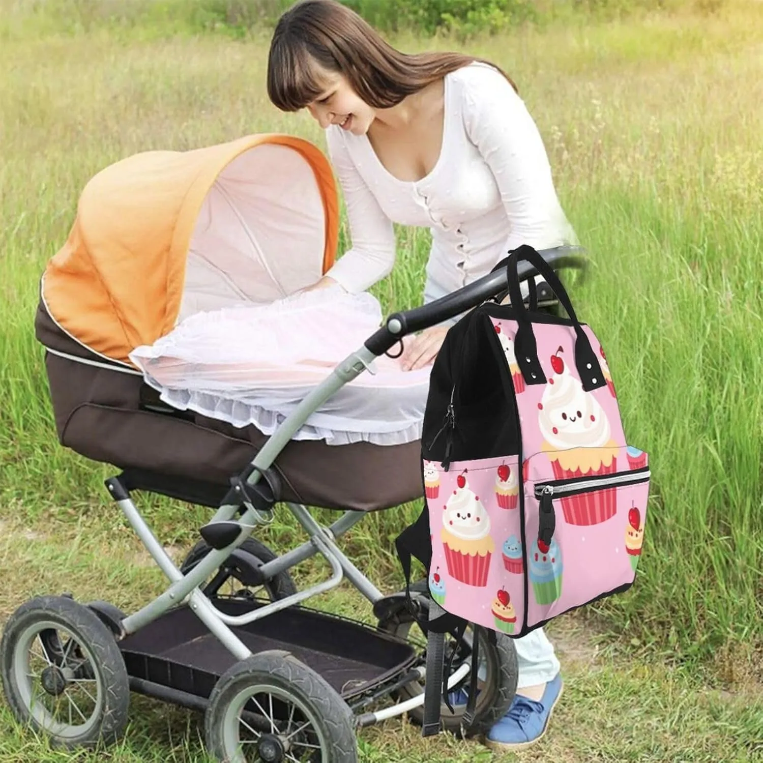 Diaper Bag Nappy Backpack Baby Bag Black and white tiger Mummy Backpack Multifunction Changing Bags for Travel, Cute Cupcake, One Size