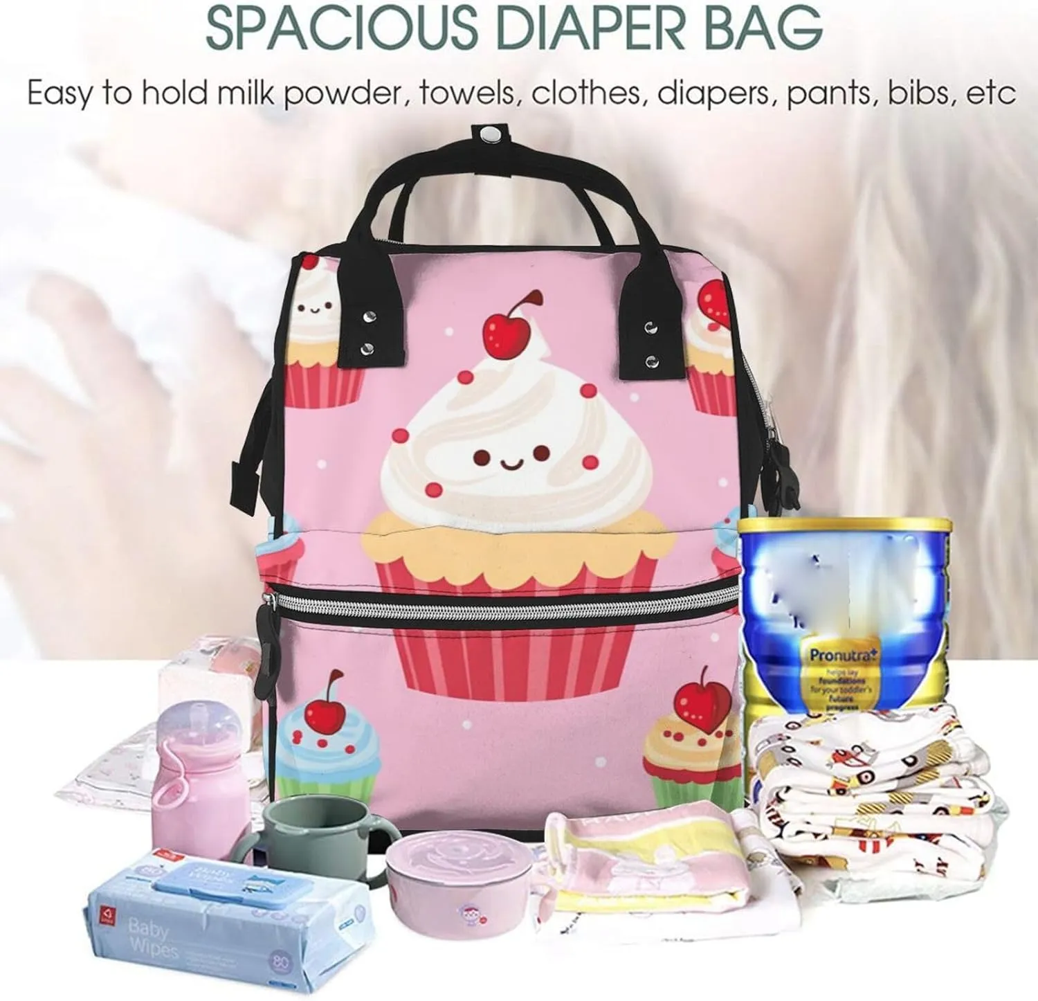 Diaper Bag Nappy Backpack Baby Bag Black and white tiger Mummy Backpack Multifunction Changing Bags for Travel, Cute Cupcake, One Size
