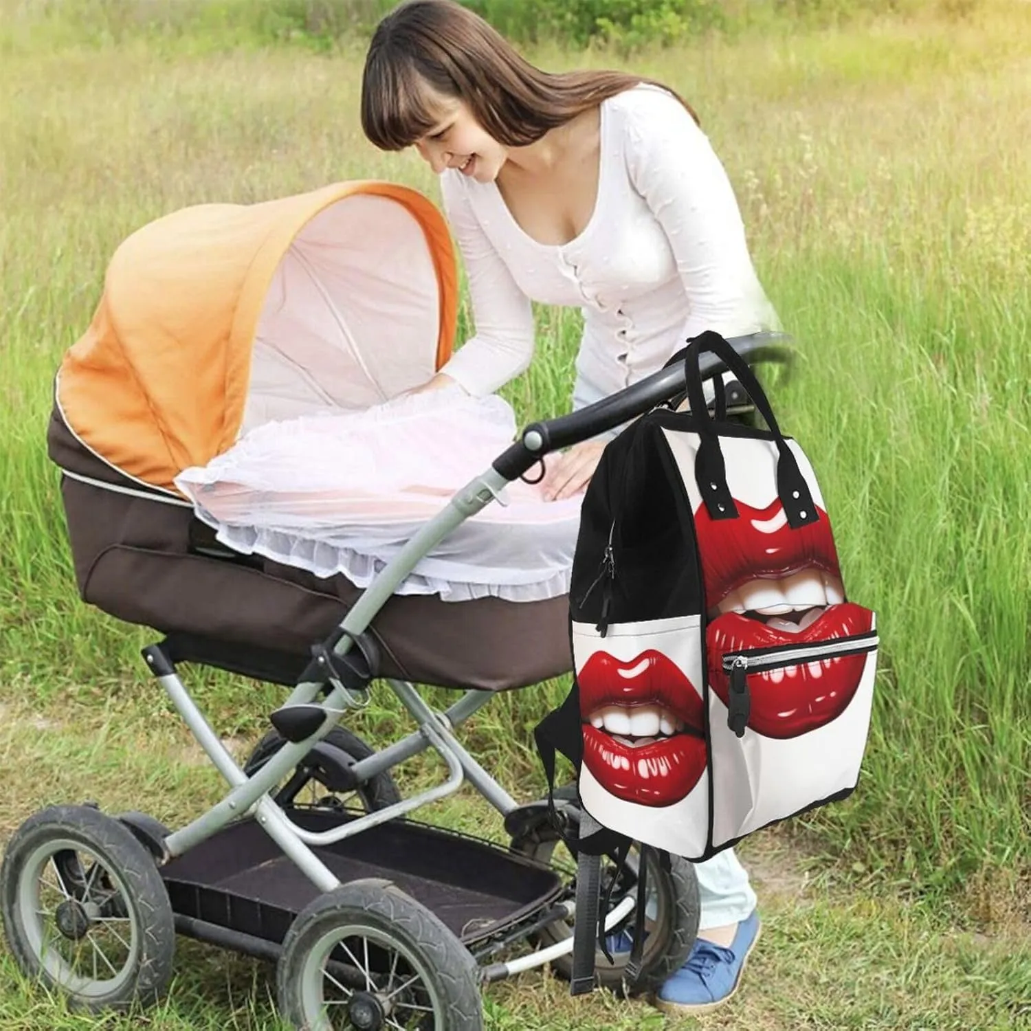 Diaper Bag Nappy Backpack Baby Bag Las Vegas night view Mummy Backpack Multifunction Changing Bags for Travel, Cute Graphic Red Lips, One Size