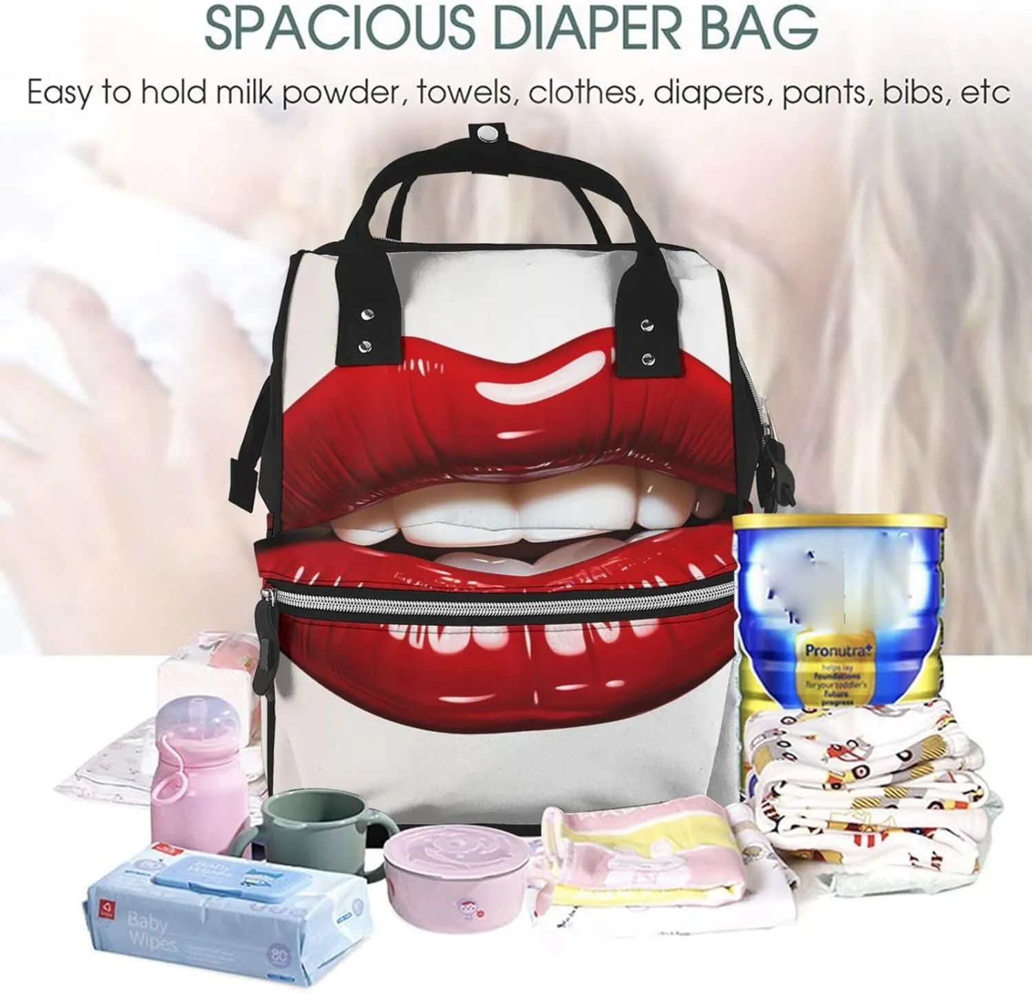 Diaper Bag Nappy Backpack Baby Bag Las Vegas night view Mummy Backpack Multifunction Changing Bags for Travel, Cute Graphic Red Lips, One Size