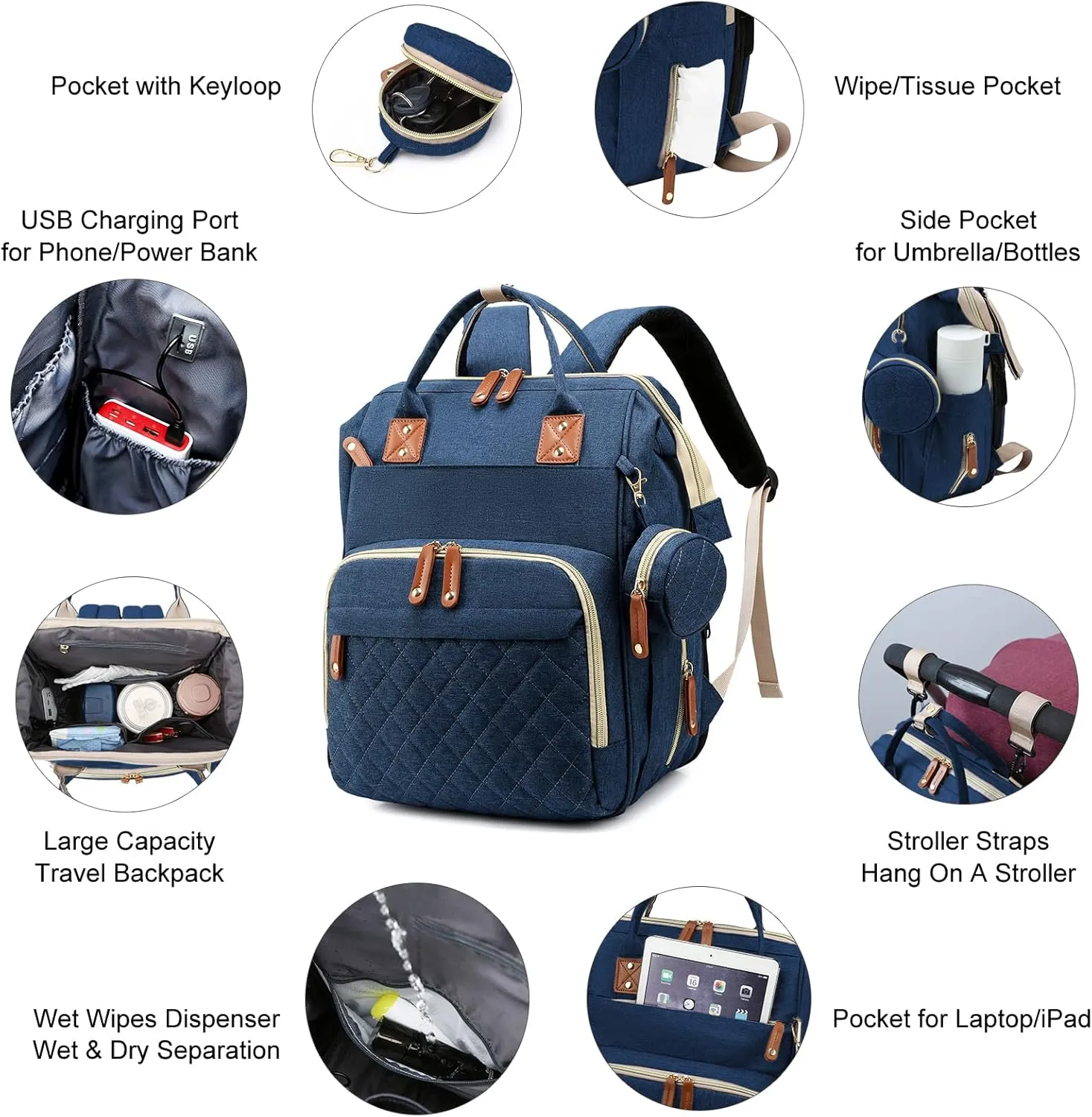 Diaper Bag with Changing Station, Waterproof 3 in 1 Baby Diaper Backpack with Foldable Changing Pad, Large Travel Back Pack for Baby Girl Boy, Blue
