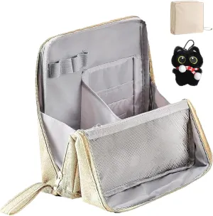 Doresty Standing Makeup Bag, Portable Large Capacity Vertical Makeup Organizer Bag, Multi-purpose Waterproof Makeup Bag with Compartments, for Home or Travel (Beige)