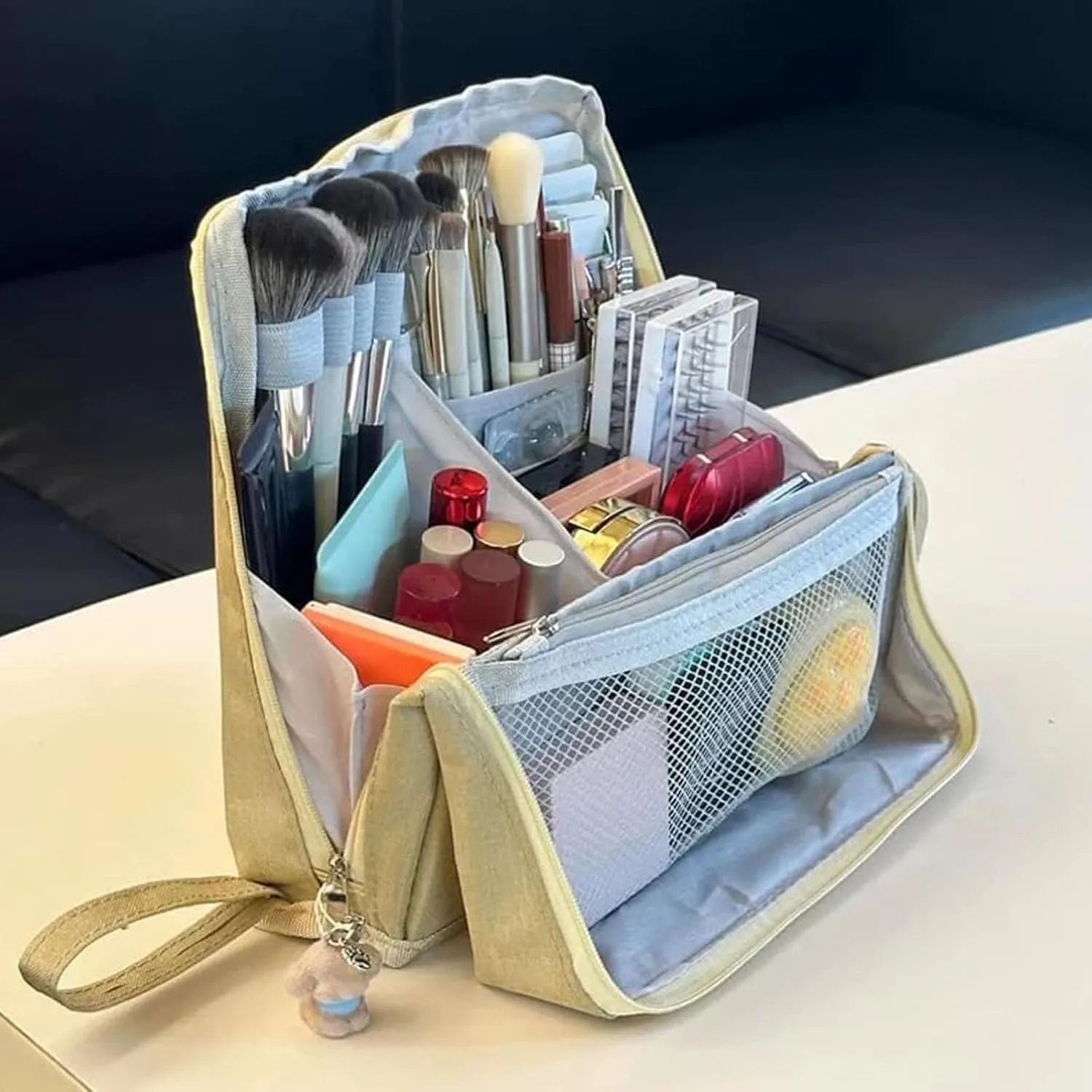Doresty Standing Makeup Bag, Portable Large Capacity Vertical Makeup Organizer Bag, Multi-purpose Waterproof Makeup Bag with Compartments, for Home or Travel (Beige)
