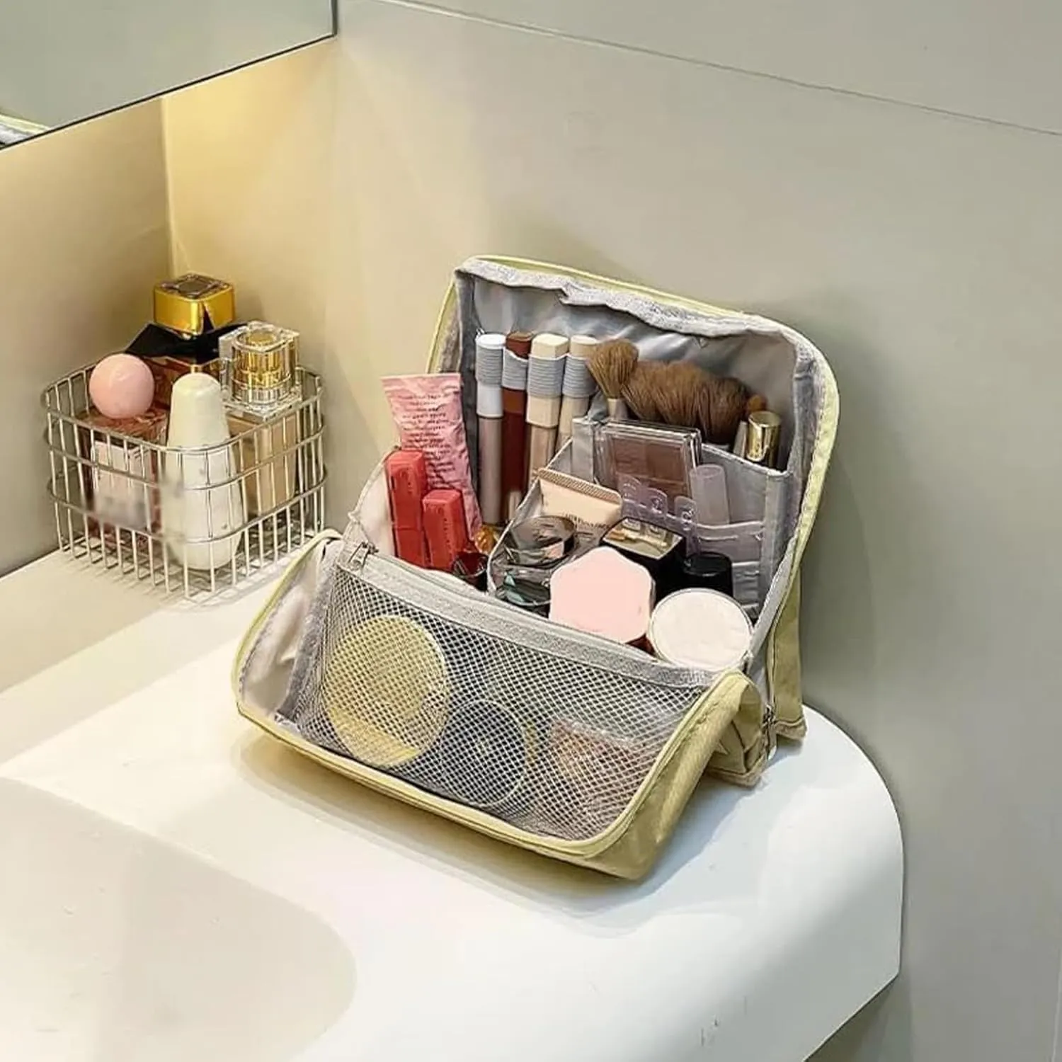 Doresty Standing Makeup Bag, Portable Large Capacity Vertical Makeup Organizer Bag, Multi-purpose Waterproof Makeup Bag with Compartments, for Home or Travel (Beige)