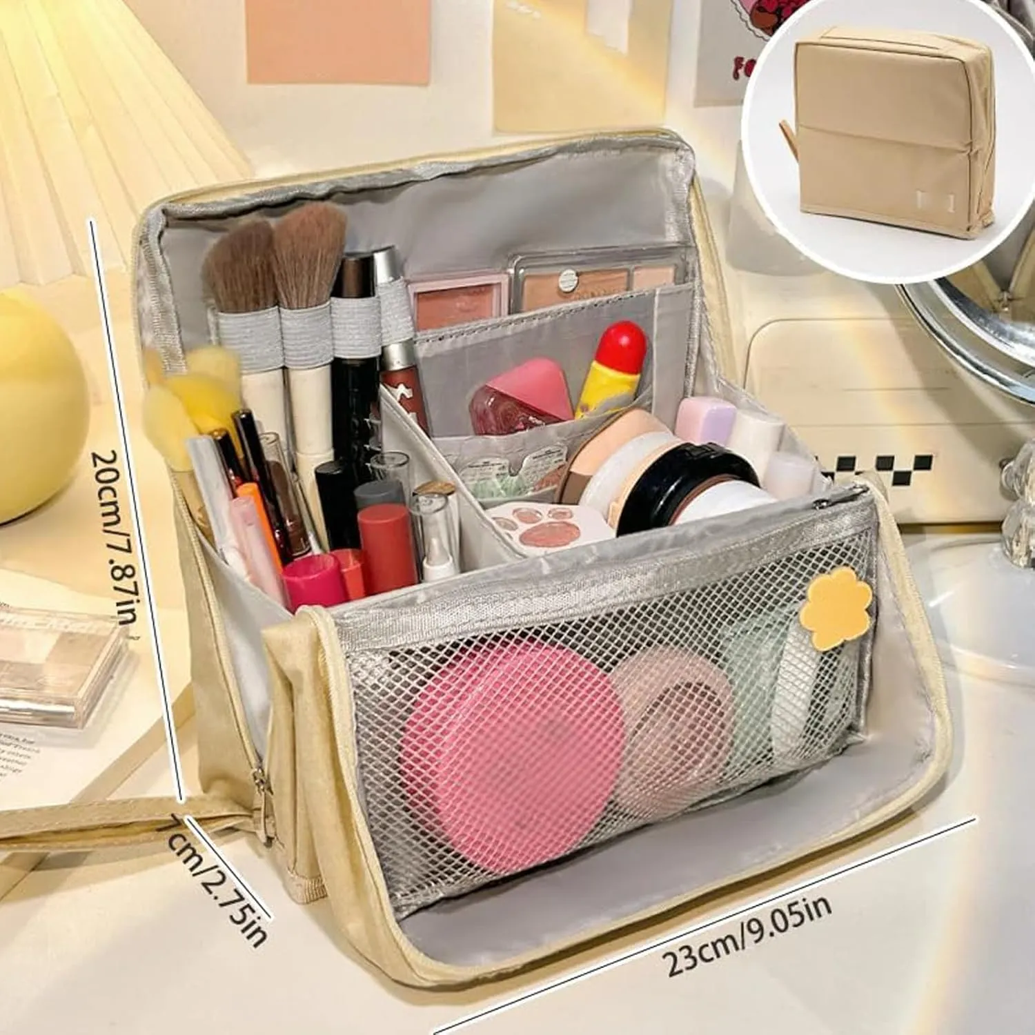 Doresty Standing Makeup Bag, Portable Large Capacity Vertical Makeup Organizer Bag, Multi-purpose Waterproof Makeup Bag with Compartments, for Home or Travel (Beige)