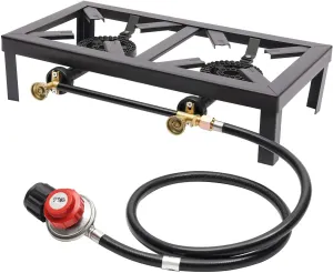 Double Burner Stove Portable Outdoor Gas Stove Propane Cooker with Adjustable 0-10Psi Regulator Hose for Outdoor Camping, Picnics, Hiking, Barbecues