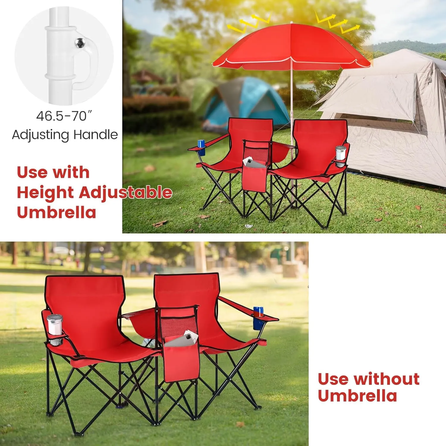 Double Camping Chair with Canopy, Folding Camp Chairs w/Cup Holder, Cooler & Carry Bag, Table, Side Pocket, 2 Person Portable Beach Chair with Umbrella, for Picnic Fishing (Red)