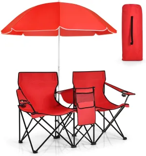 Double Camping Chair with Canopy, Folding Camp Chairs w/Cup Holder, Cooler & Carry Bag, Table, Side Pocket, 2 Person Portable Beach Chair with Umbrella, for Picnic Fishing (Red)