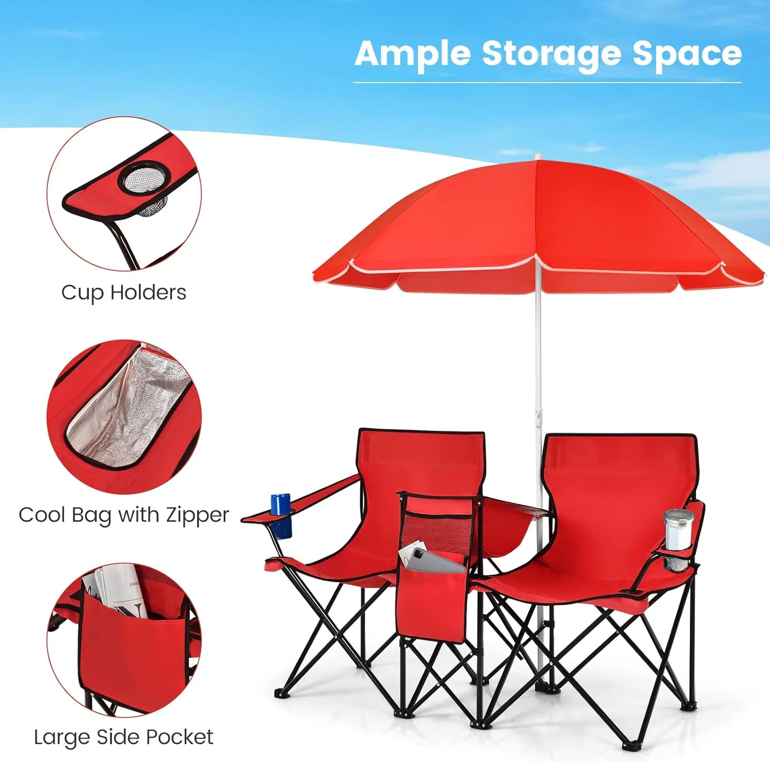 Double Camping Chair with Canopy, Folding Camp Chairs w/Cup Holder, Cooler & Carry Bag, Table, Side Pocket, 2 Person Portable Beach Chair with Umbrella, for Picnic Fishing (Red)