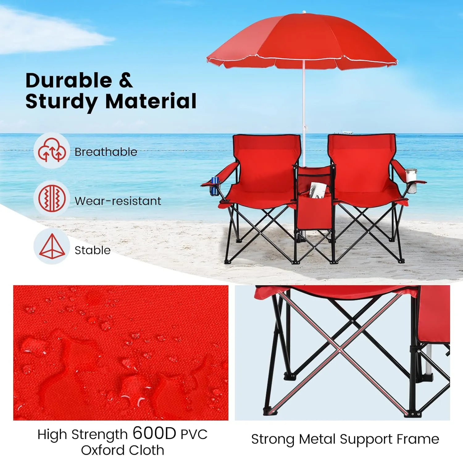 Double Camping Chair with Canopy, Folding Camp Chairs w/Cup Holder, Cooler & Carry Bag, Table, Side Pocket, 2 Person Portable Beach Chair with Umbrella, for Picnic Fishing (Red)