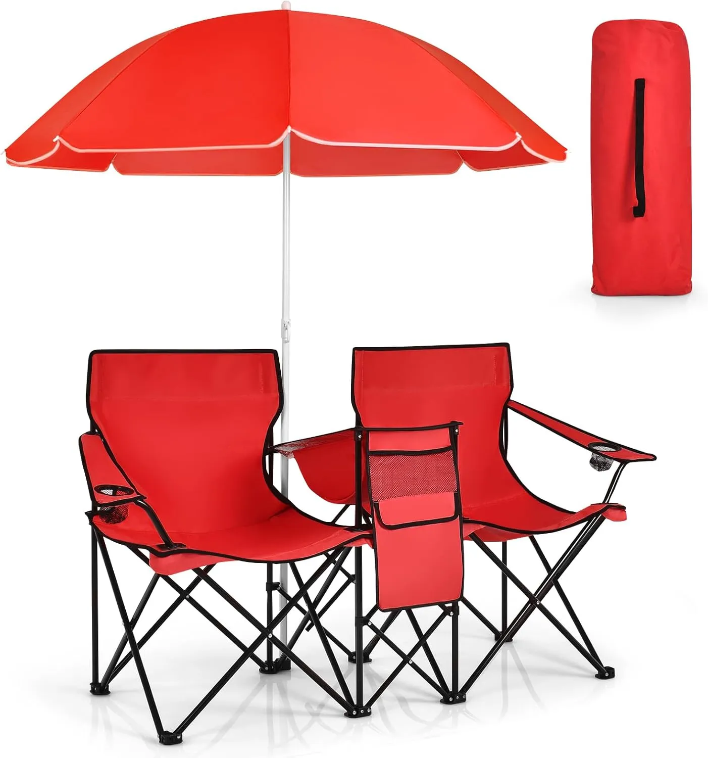 Double Camping Chair with Canopy, Folding Camp Chairs w/Cup Holder, Cooler & Carry Bag, Table, Side Pocket, 2 Person Portable Beach Chair with Umbrella, for Picnic Fishing (Red)