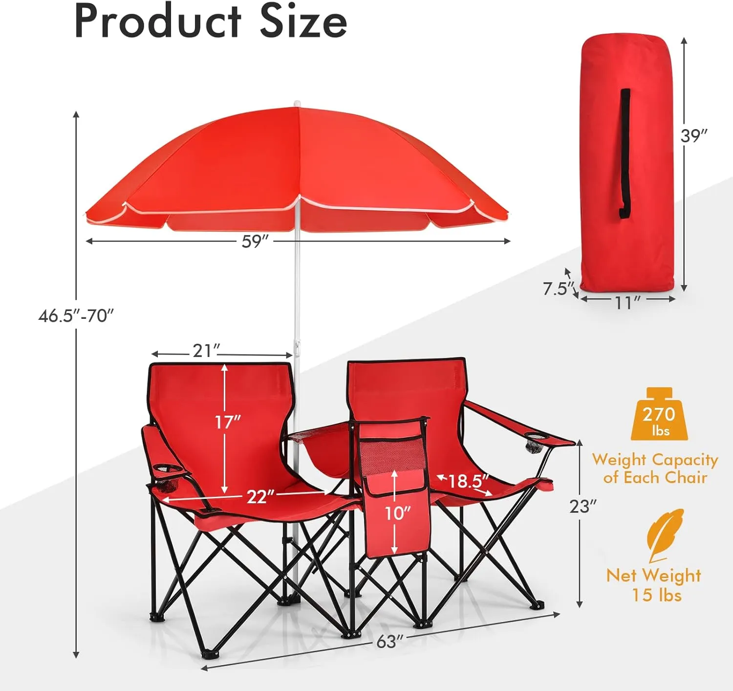 Double Camping Chair with Canopy, Folding Camp Chairs w/Cup Holder, Cooler & Carry Bag, Table, Side Pocket, 2 Person Portable Beach Chair with Umbrella, for Picnic Fishing (Red)