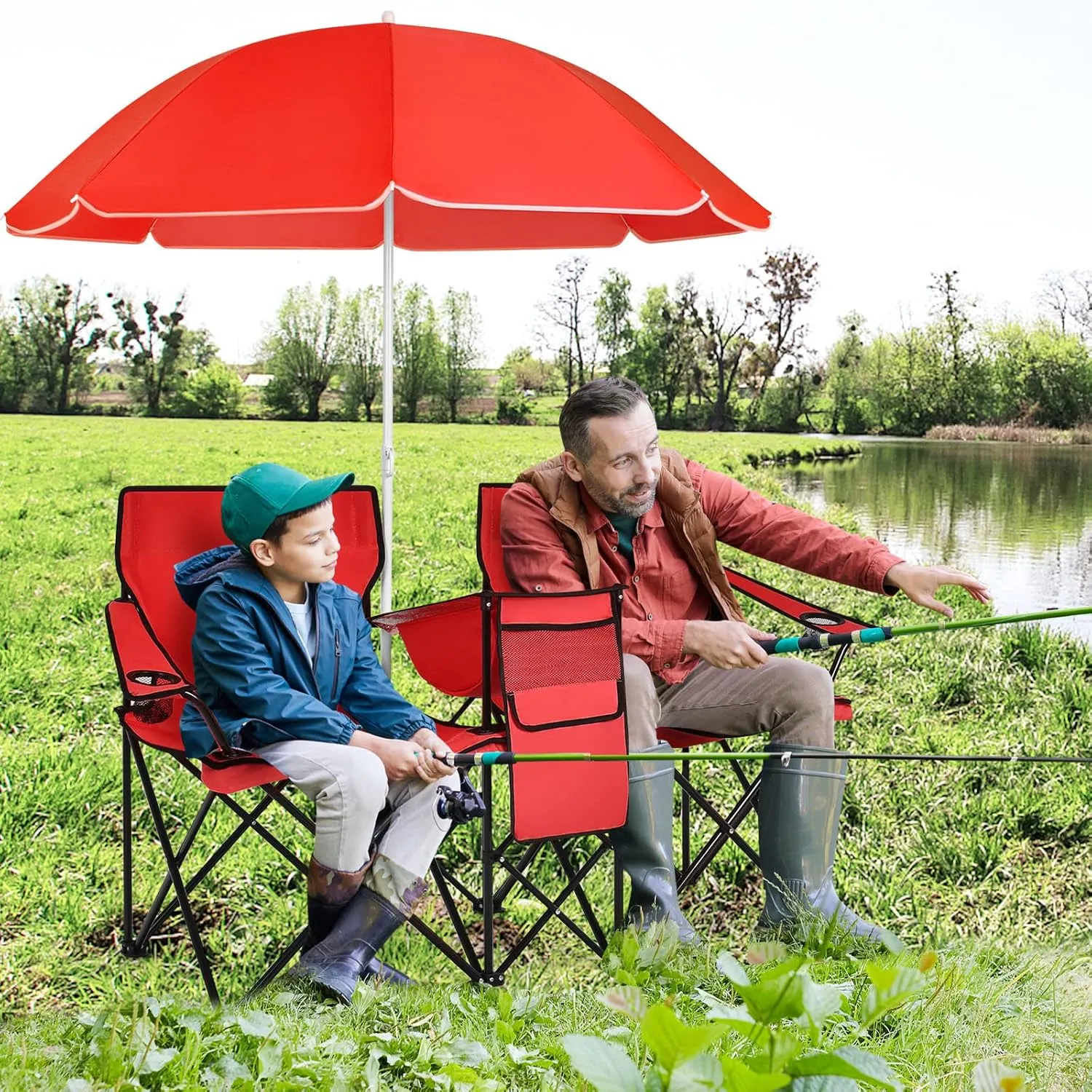 Double Camping Chair with Canopy, Folding Camp Chairs w/Cup Holder, Cooler & Carry Bag, Table, Side Pocket, 2 Person Portable Beach Chair with Umbrella, for Picnic Fishing (Red)