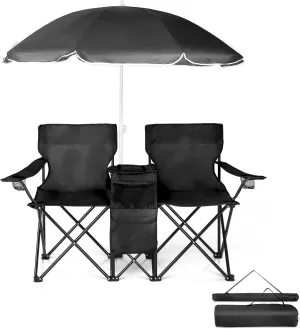 Double Camping Chair,Double Folding Beach Chairs, Camping Chair W/Umbrella Mini Table Beverage Holder Carrying Bag for Beach Patio Pool Park Outdoor,Black