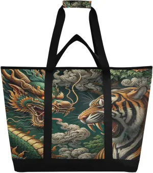 Dragon Tiger Standoff Reusable Insulated Lunchbox Cooler Bag, Leakproof Kitchen Grocery Bag Collapsible Portable Cooler Tote Bag for Picnic, Camping, Office, Travel
