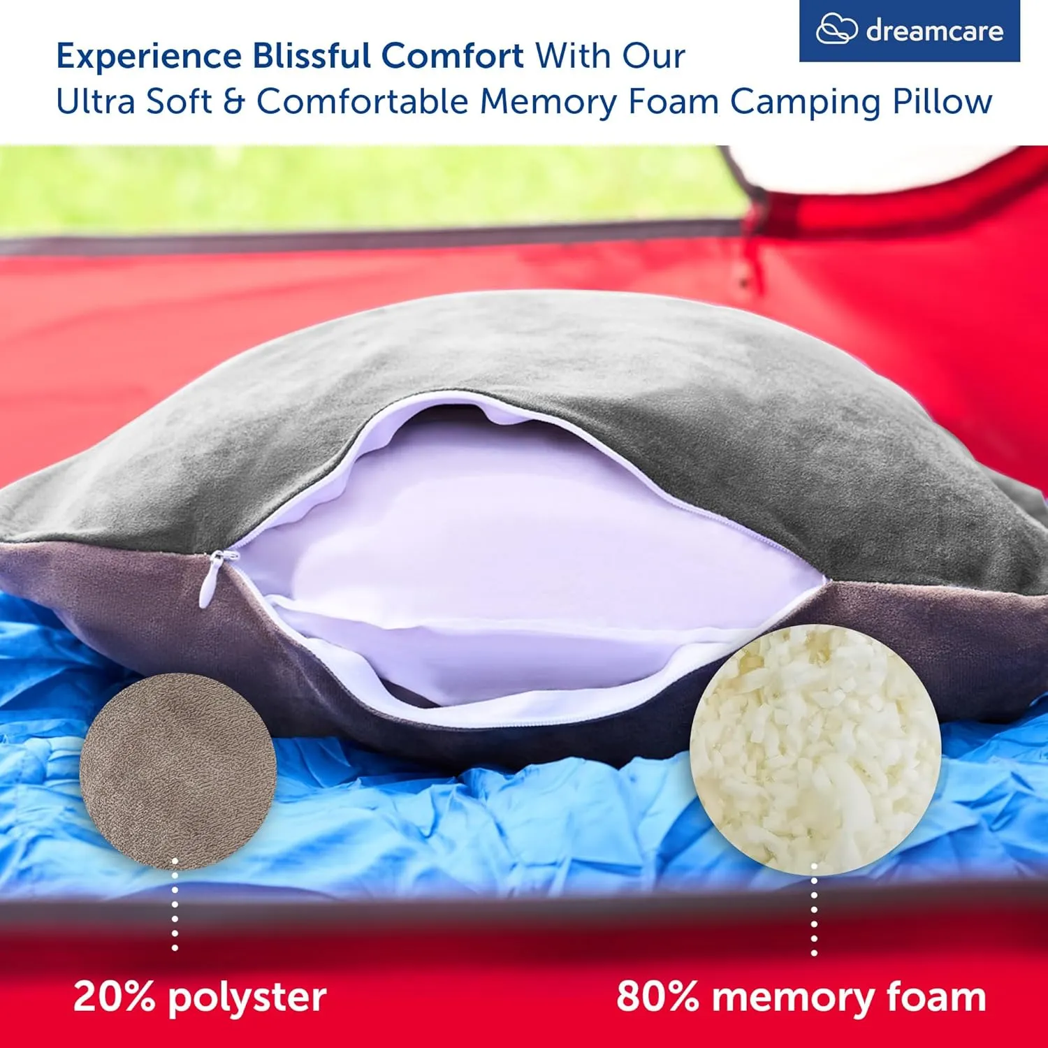 DREAMCARE Camping Pillow, Memory Foam Travel Pillow, Camping Accessories - Small Pillow Camping Essentials Camping Pillows for Sleeping, Backpacking Pillow, Travel Pillows for Sleeping (Small,Grey)