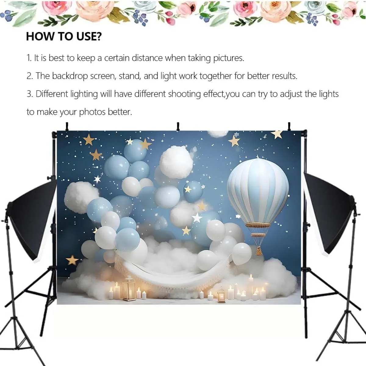 Dreamy Hot Air Balloon Backdrop for Kids Birthday Party Baby Shower - Blue Starry Sky White Cloud Hot Air Balloon Banner - 7x5feet