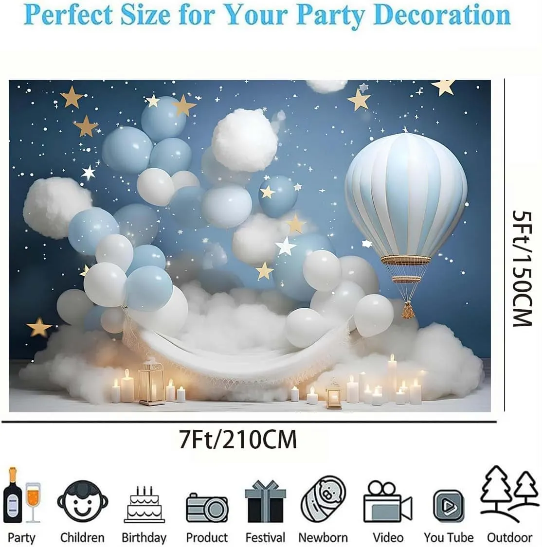 Dreamy Hot Air Balloon Backdrop for Kids Birthday Party Baby Shower - Blue Starry Sky White Cloud Hot Air Balloon Banner - 7x5feet