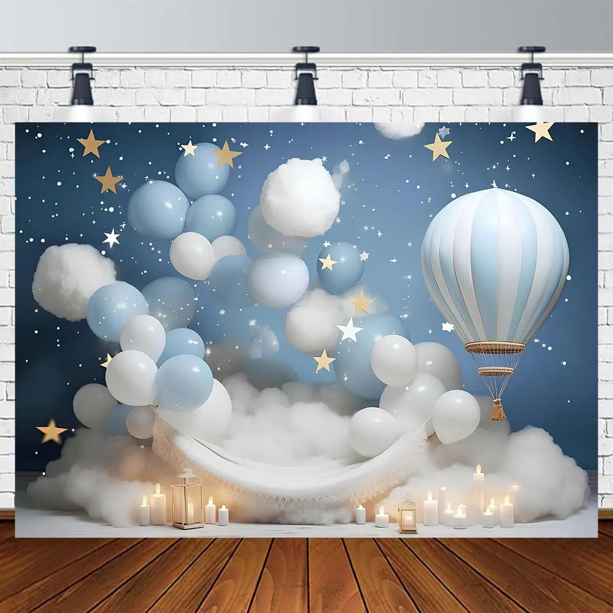Dreamy Hot Air Balloon Backdrop for Kids Birthday Party Baby Shower - Blue Starry Sky White Cloud Hot Air Balloon Banner - 7x5feet