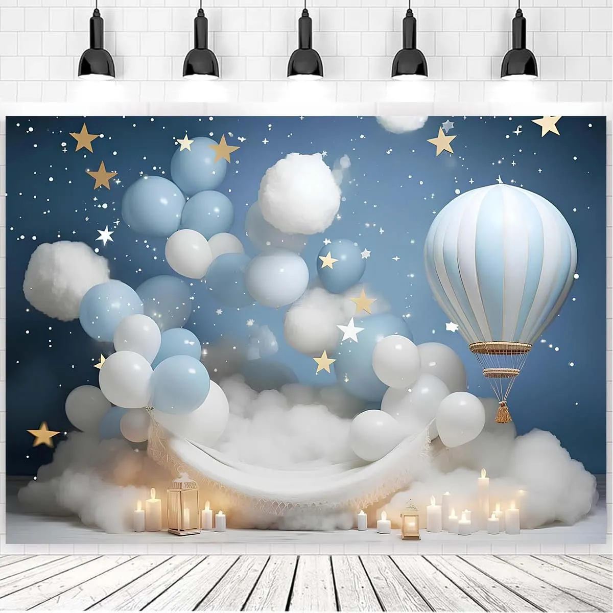 Dreamy Hot Air Balloon Backdrop for Kids Birthday Party Baby Shower - Blue Starry Sky White Cloud Hot Air Balloon Banner - 7x5feet
