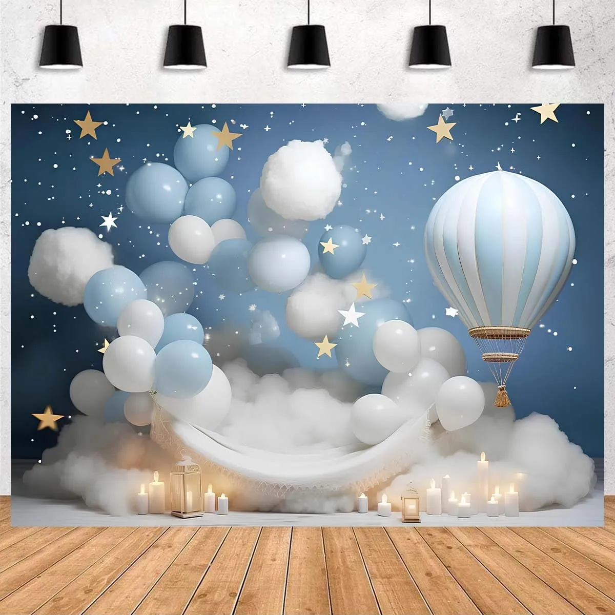 Dreamy Hot Air Balloon Backdrop for Kids Birthday Party Baby Shower - Blue Starry Sky White Cloud Hot Air Balloon Banner - 7x5feet
