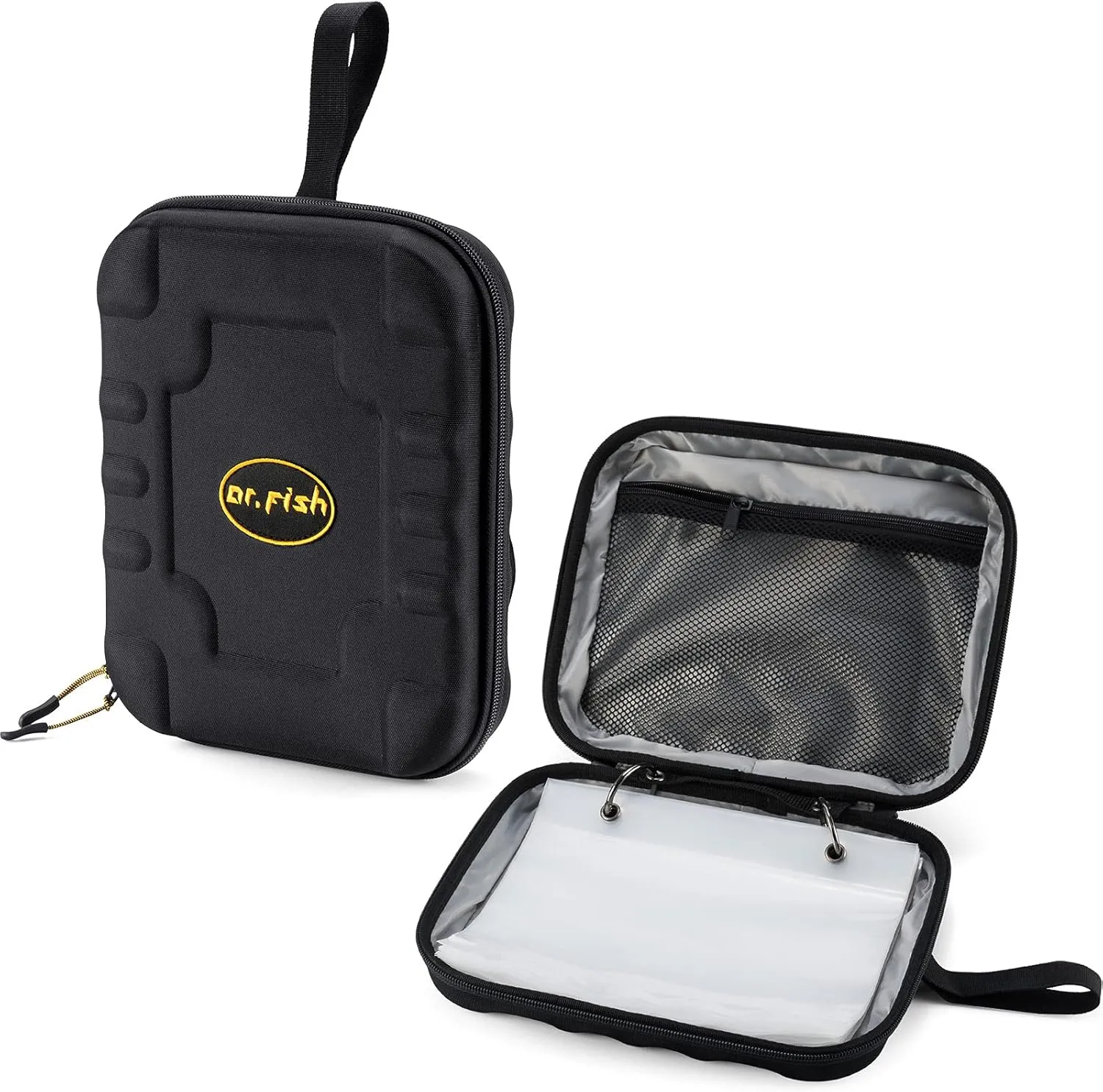 Dr.Fish Soft Bait Binder Organizer, Lure Hard Cover Fishing Tackle Storage Binders, Organized Bag with 8 Waterproof PVC Pockets for Worm Snell Rigs Jigs Baits Wrap Wallet