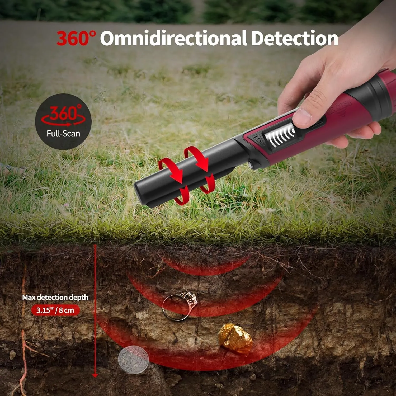 DR.ÖTEK Metal Detector Pinpointer for Adults & Kids, Handheld Pin Pointer Wand with LCD Screen, Fully Waterproof, 360°Detection, 3 Modes, Exclusive Interference Cancellation for Treasure Hunting, Red