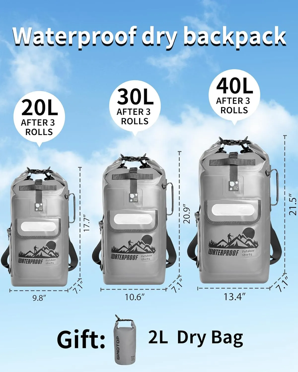 Dry Bag Backpack 20L/30L/40L, Waterproof Floating Dry Bags for Men, Kayak Sack
