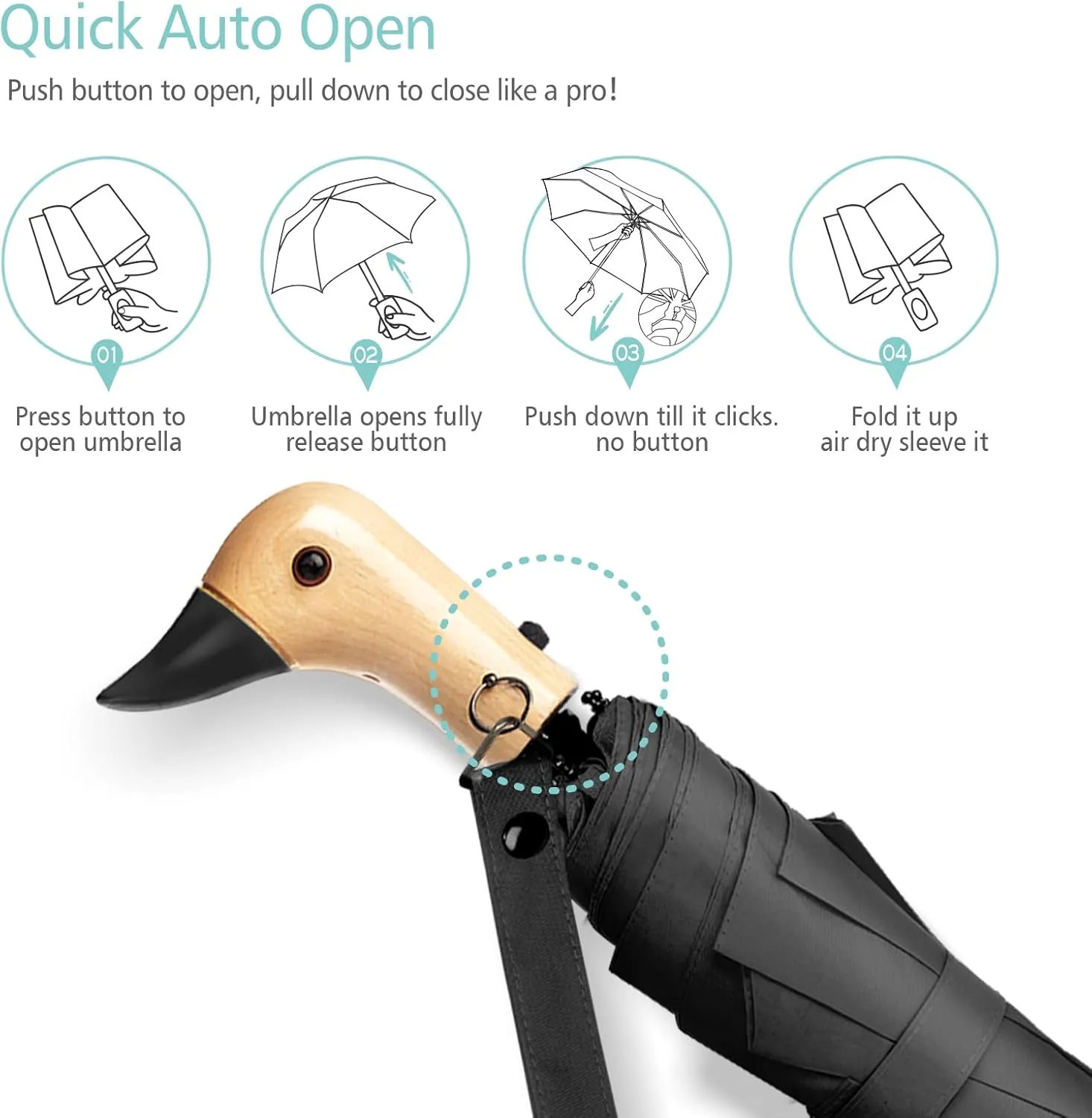 Duck Umbrella - Compact Travel Umbrella with a Cute Duck Head Handle for Women
