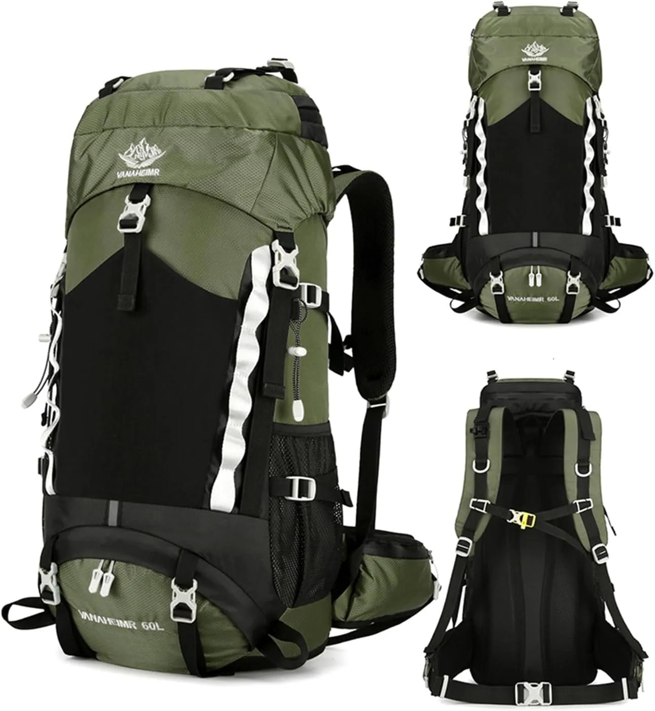 Durable Outdoor Hiking Camping Backpack 60L Capacity Mountaineering Sports Rucksack for Women and Men, Army Green, app. 34x25x72cm /13.38x9.84x28.34in